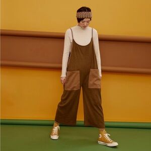 Brown and Tan sweater Jumpsuit with Pockets -one size